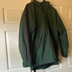Warm fleece lined, windbreaker outer, pullover coat with hood